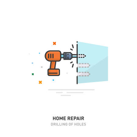 Home repair icon . Drilling holes in the wall. Drill and screwdriver. Line design. Vector illustrationのイラスト素材