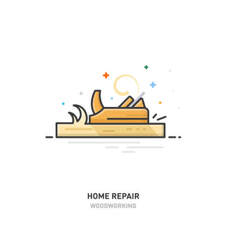 Home repair logo. Wood processing. Joinery. Plane. Line design Vector illustrationのイラスト素材
