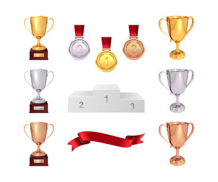 A set of trophies of the winner with golden, silver and bronze cups and medals, red ribbon and pedestal on white backdrop illustration.のイラスト素材