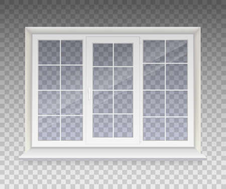 Closed window with transparent glass in a white frame. Isolated on a transparent background. Vector.のイラスト素材