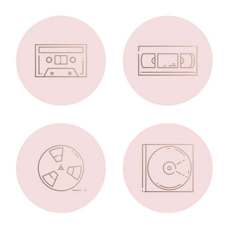 Icons of retro audio and video media. Cassette, reel,   CD.のイラスト素材