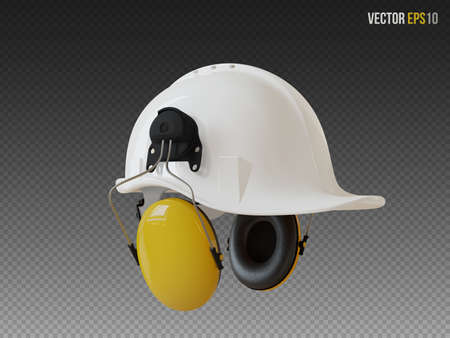 Isolated white hard hat with ear defenders. Realistic 3D Vector Illustrationのイラスト素材