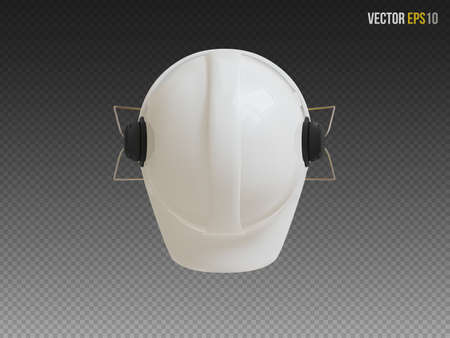 Isolated white hard hat with ear defenders. Realistic 3D Vector Illustrationのイラスト素材
