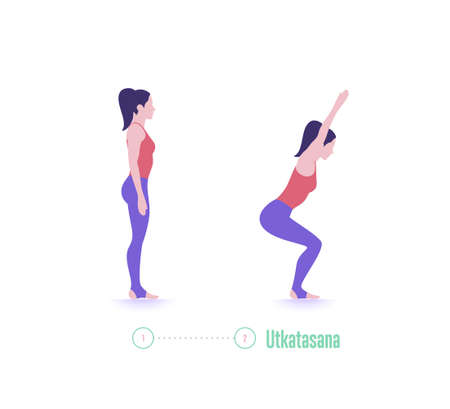 Yoga pose. Utkatasana. Chair pose - exercise step by step. Vectorのイラスト素材
