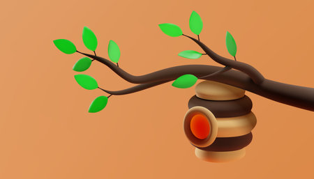 A beehive hanging on a branch with green leaves. 3D illustration. Vector.のイラスト素材