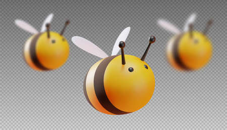 A set of bees in focus and out of focus. Two blur step. Cartoon style. 3D illustration. Vector.のイラスト素材
