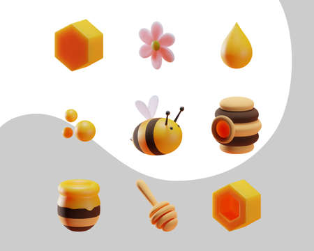 A set of elements on the theme of bees and honey. Cartoon 3d style. Isolated objects. Vector.のイラスト素材