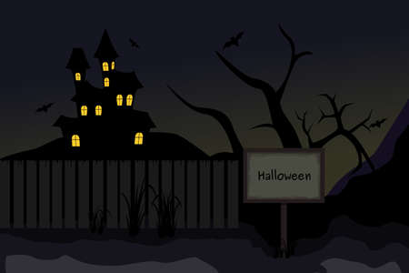Halloween background illustration in night scheme with house and tree.のイラスト素材