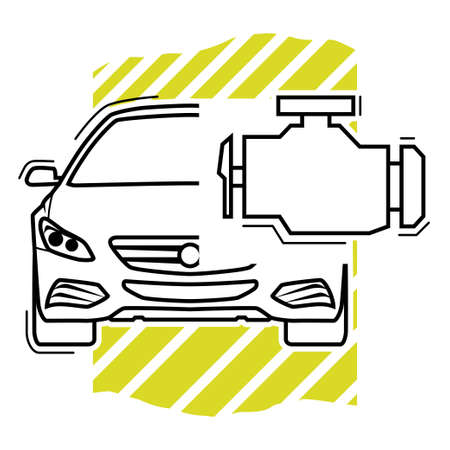 Thin line art automotive symbol. Illustration of a sedan car combined with engine sign. White background.のイラスト素材
