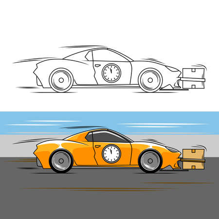 Super fast delivery illustration. Funny yellow sports car with box. Colorful and line art design can be used as coloring book for children.のイラスト素材