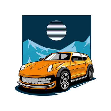 Illustration of monster SUV car in winter season, perfect for t-shirt. Cartoon car character.のイラスト素材