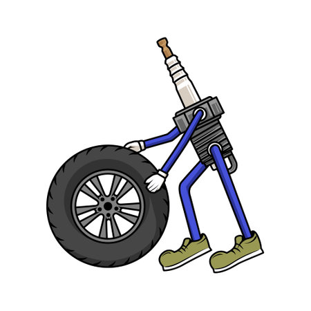Cartoon character of spark plug working as mechanic. Tire service concept illustration.のイラスト素材