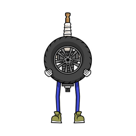 Cartoon character of spark plug lifting a car wheel. Tire service concept illustration.のイラスト素材
