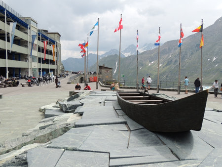 Boat at the entrance to the mountains, Kyrgyzstanの写真素材