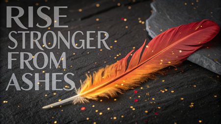 An elegant orange and red feather rests against a dark, textured surface, representing writing and creativity, perfect for artistic and inspiring projects.の素材