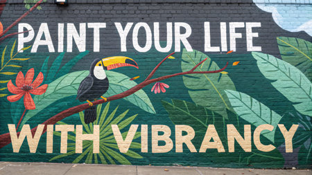 A vibrant mural of a toucan perched on a branch, set against a backdrop of lush leaves, represents positivity and inspiration, perfect for expressing creative energy and outdoor art appreciation.の素材