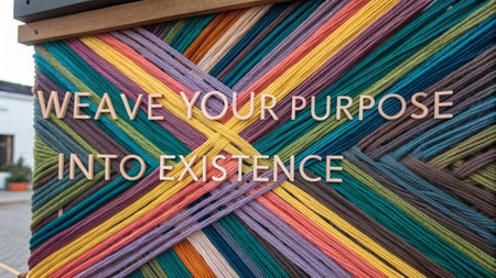Intricately woven threads in vibrant hues form a rich tapestry with the inspiring phrase "BRING YOUR PURPOSE TO EXISTENCE" overlaid, perfect for motivational content.の素材