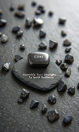A smooth, dark stone inscribed with 'CORE' rests on a textured slate piece surrounded by smaller stones, symbolizing assembled strengths for resilience, perfect for motivational content.の素材