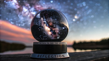 A dark crystal sphere reflecting the galaxy against a starry night background creates a mesmerizing spectacle, showcasing the vastness of the cosmos.の素材
