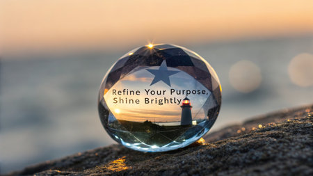 Intricate crystal ball reflecting a picturesque lighthouse and sunset creates a striking visual, perfect for representing guidance and achieving goals.の素材