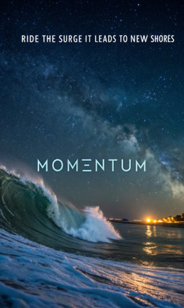 A powerful ocean wave crashes under a breathtaking night sky filled with stars, the word 'MOMENTUM' subtly displayed, representing the unstoppable force of nature and cosmic wonder, perfect for inspirational and abstract themes.の素材