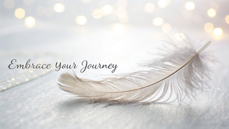 A delicate white feather rests on a soft, sparkling surface with subtle bokeh lights, representing new beginnings and gentle inspiration for your journey.の素材