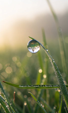 A glistening dewdrop on a blade of grass captures a hot air balloon in its reflection, creating a miniature world; perfect for inspiring wonder and appreciation of the present moment.の素材