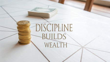 A stack of gold coins and cards rests on a patterned table, representing the power of financial discipline and strategic planning, perfect for illustrating economic growth and success.の素材