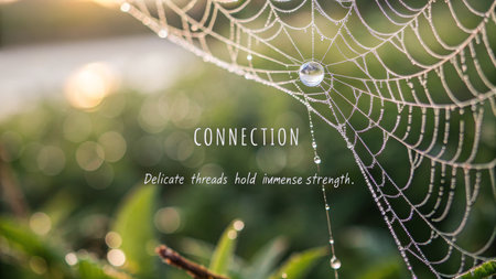 Dazzling dewdrops cling to a intricate spiderweb under soft morning sunlight, showcasing the beautiful, resilient structure of nature, perfect for inspiring connection and strength.の素材