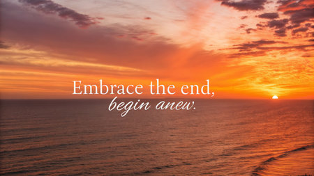A breathtaking sunset paints the sky with vibrant hues of orange and pink over a calm ocean, featuring an inspiring quote that beckons a fresh start, perfect for motivational content and personal growth.の素材