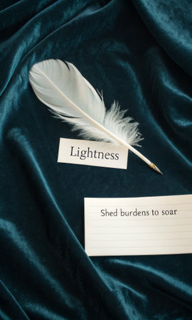 A delicate white feather rests upon rich teal velvet next to cards bearing the words 'Lightness' and 'Shed burdens to soar', representing freedom and creative release, perfect for motivational content.の素材