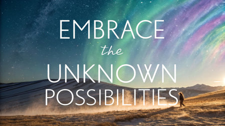 Inspiring phrase "Embrace the Unknown Possibilities" overlaid on a breathtaking aurora borealis above a desert landscape at night, offering a sense of wonder and adventure.の素材
