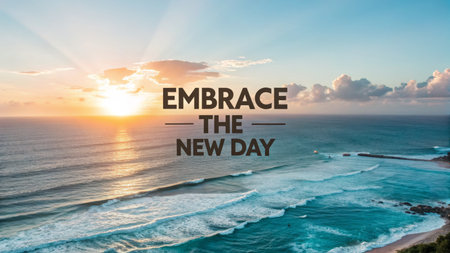 Golden sunrise over a vast ocean with gentle waves creates a serene landscape, offering inspiration and hope for a fresh start, perfect for motivational content.の素材