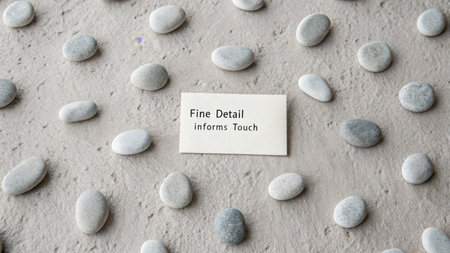 A small card with the message Fine Detail Informs Touch rests on a sandy surface surrounded by smooth, rounded pebbles, showcasing a serene and natural composition, perfect for conveying concepts of sensory experience and meticulous craftsmanship.の素材