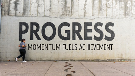 Footprints lead toward bold text stating 'PROGRESS MOMENTUM FUELS ACHIEVEMENT' on a concrete wall, representing a powerful journey of growth and success.の素材