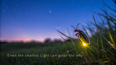 A radiant firefly, perched on a blade of grass, glows brightly at night, representing the power of light, perfect for inspiring stories.の素材