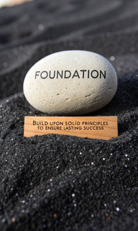 A smooth, light-colored stone bearing the word 'FOUNDATION' rests upon dark, granular sand, with a wooden plank below it inscribed with 'BUILD UPON SOLID PRINCIPLES TO ENSURE LASTING SUCCESS', representing foundational strength and enduring achievement, perfect for motivational contexts.の素材