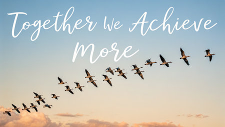 Majestic flock of geese migrating in a precise formation across the sunset sky embodies unity and shared purpose, representing successful collaboration, perfect for motivational content.の素材