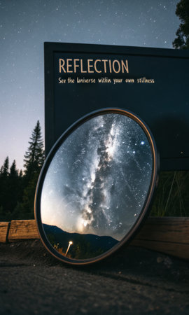 A striking mirror captures the expansive galaxy and countless stars in its surface, set against a dark night sky and serene forest landscape, offering a breathtaking perspective and inviting contemplation.の素材