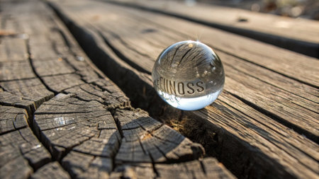 Transparent glass ball displaying the word 'wellness' rests on rough, weathered wood, representing a profound connection between the mind and nature, perfect for promoting tranquility and inner peace.の素材