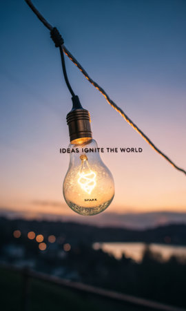 A single incandescent lightbulb glows brightly against a twilight sky, symbolizing the spark of innovation and creativity, perfect for presentations on new concepts and forward-thinking.の素材