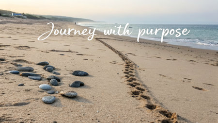 Footprints meticulously imprinted on a sandy beach lead toward the vast ocean, representing the journey of life, perfect for themes of adventure and personal growth.の素材