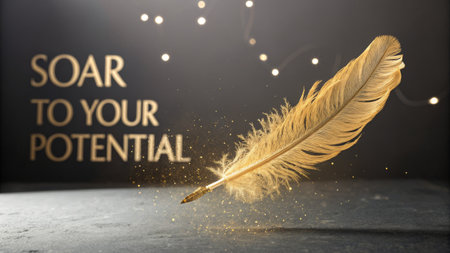 A single, perfect golden feather descends with glittering particles in a softly lit studio, representing inspiration and creative expression, perfect for showcasing artistic endeavors.の素材