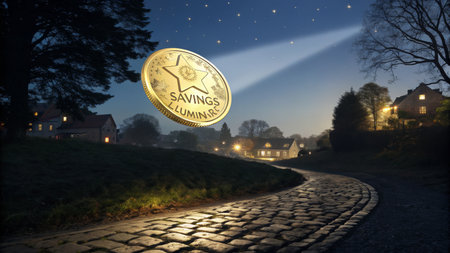 A gleaming gold coin with a star and 'SAVINGS ILLUMINATED' inscribed floats majestically in the night sky, casting a powerful light beam onto a cobblestone path leading through a serene village, representing financial prosperity and guidance towards a brighter future, perfect for illustrating wealth management concepts.の素材