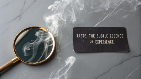 A gold-rimmed mirror captures swirling smoke, beside a black card bearing the quote 'TASTE. THE SUBTLE M OF EXPERIENC' on a textured surface, creating an atmospheric scene, perfect for evocative branding.の素材