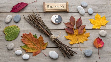 A rustic arrangement of autumn leaves, smooth stones, and bundled branches evokes a sense of peace and balance, perfect for mindfulness and spiritual inspiration.の素材