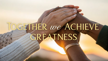 Multiple hands from diverse individuals joining together in a symbol of unity and shared purpose, showcasing the power of collaboration and collective achievement, perfect for inspiring teamwork and solidarity.の素材