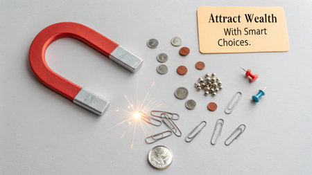 A horseshoe magnet draws metallic objects like coins, paperclips, and ball bearings on a grey surface, demonstrating magnetic force, perfect for educational and scientific contexts.の素材