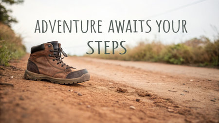 A weathered hiking boot rests on a dirt path with the words 'Venture Awaits You' overlaid in text, perfect for representing exploration and embracing new challenges.の素材