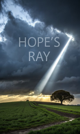 A powerful sunbeam pierces through dark storm clouds illuminating a lone tree in a serene landscape, representing guidance and optimism, perfect for inspirational themes.の素材